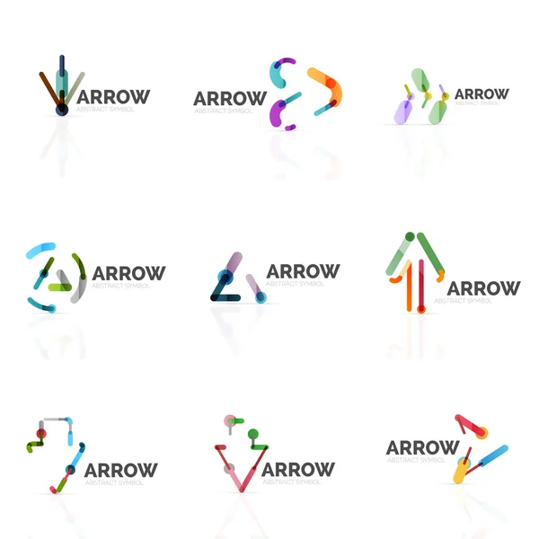 Satz linearer Pfeil abstrakte Logos, miteinander verbundene mehrfarbige Segmentlinien in Richtungspfeilen — Stockvektor