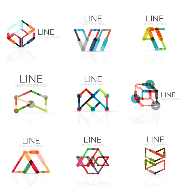 Conjunto de logotipos abstratos lineares, linhas de segmentos multicoloridos conectados em figuras geométricas — Vetor de Stock