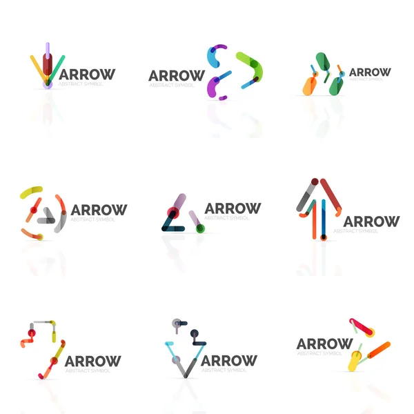 Satz linearer Pfeil abstrakte Logos, miteinander verbundene mehrfarbige Segmentlinien in Richtungspfeilen — Stockvektor