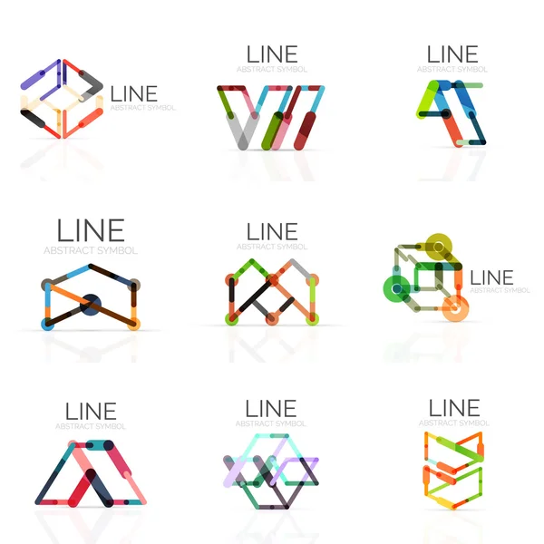 Conjunto de logotipos abstratos lineares, linhas de segmentos multicoloridos conectados em figuras geométricas — Vetor de Stock