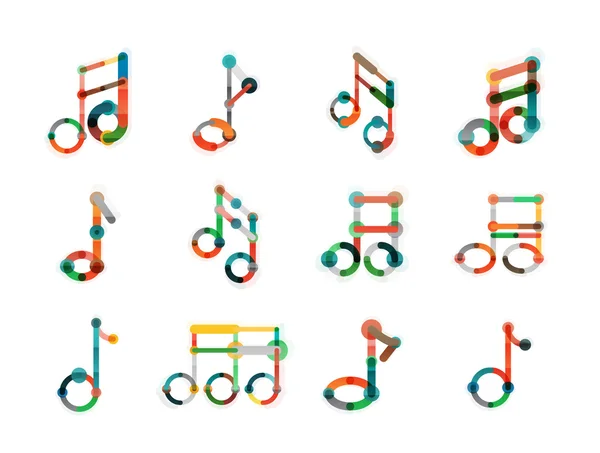 Música nota logotipo definido, ícones geométricos linha fina plana —  Vetores de Stock