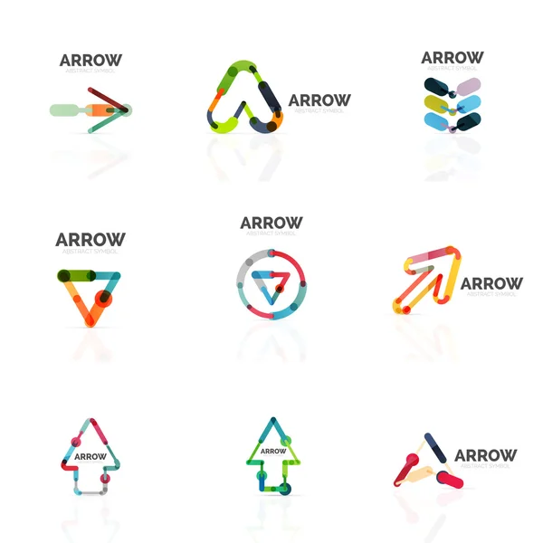 Set of linear arrow abstract logos, connected multicolored segments lines in directional pointer figures — Stock Vector