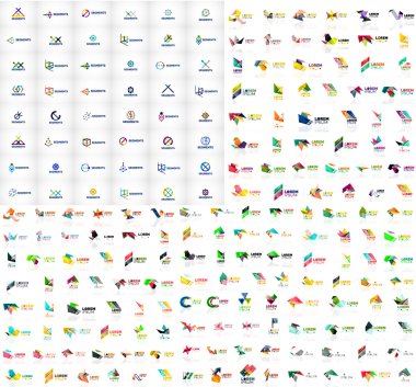 Mega collection of geometrical abstract logo templates, origami paper style business icons with sample text. Vector