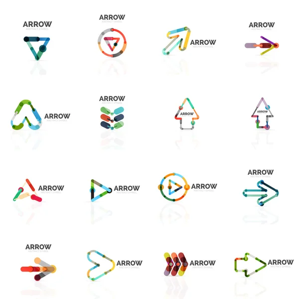 Satz linearer Pfeil abstrakte Logos, miteinander verbundene mehrfarbige Segmentlinien in Richtungspfeilen — Stockvektor