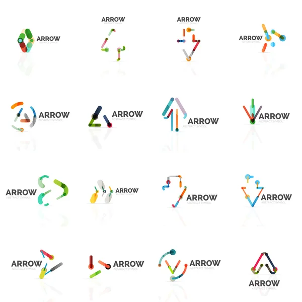 線形の矢印抽象的なロゴ、方向ポインターの図に接続された色とりどりのセグメント線のセット — ストックベクタ