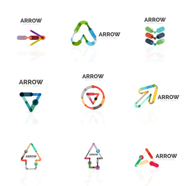 Set of linear arrow abstract logos, connected multicolored segments lines in directional pointer figures — Stock Vector