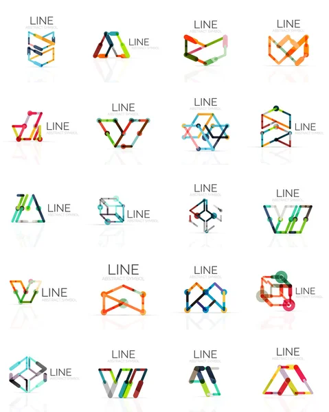 Set of linear abstract logos, connected multicolored segments lines in geometrical figures — Stock Vector