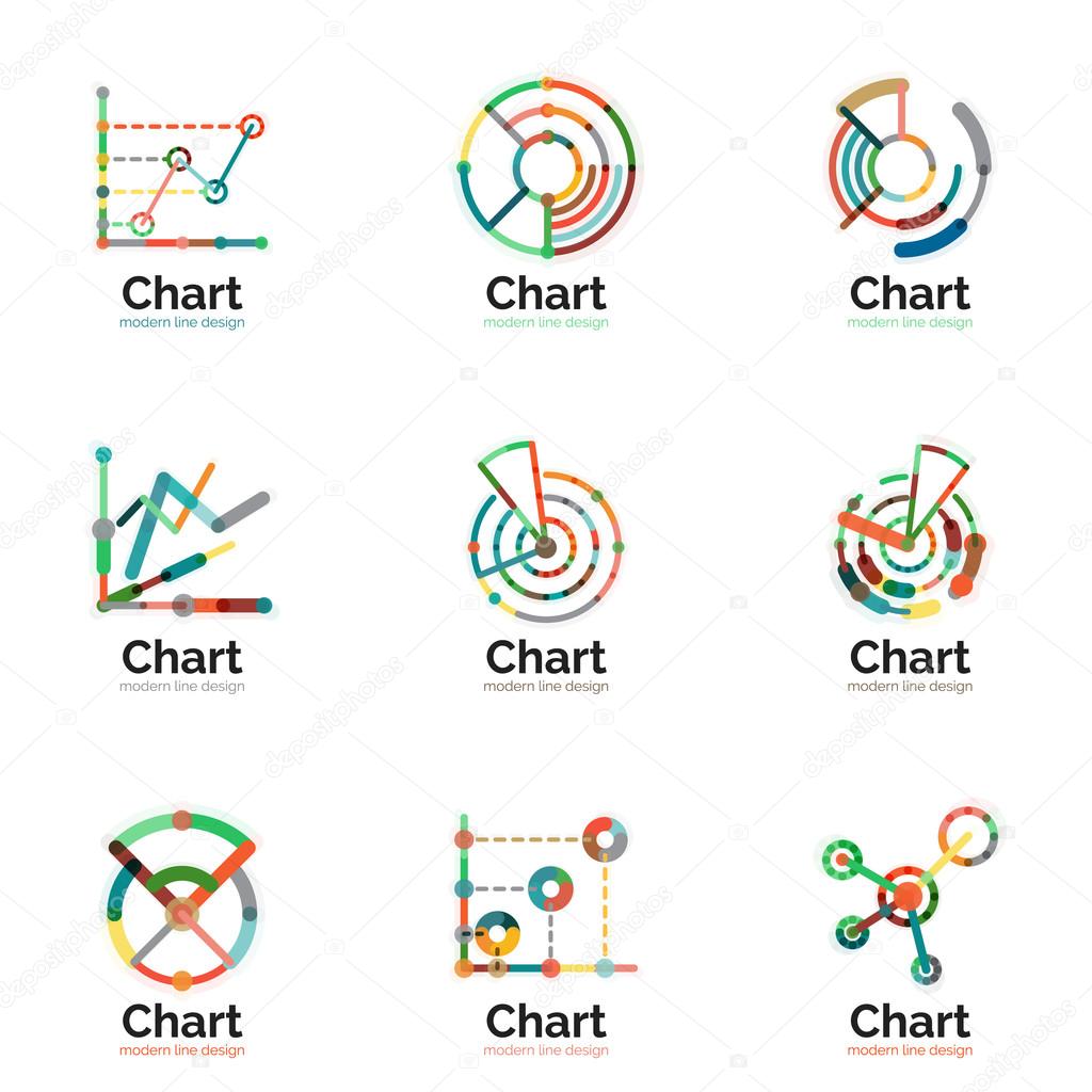 Thin line chart logo set. Graph icons modern colorful flat style. Vector symbols
