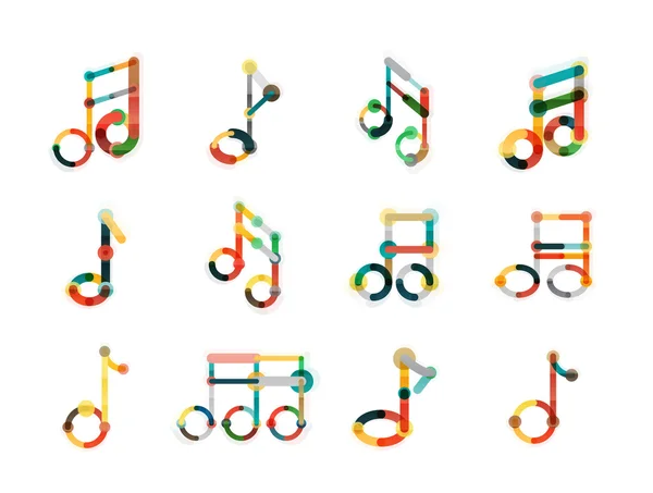 Música nota logotipo definido, ícones geométricos linha fina plana — Vetor de Stock