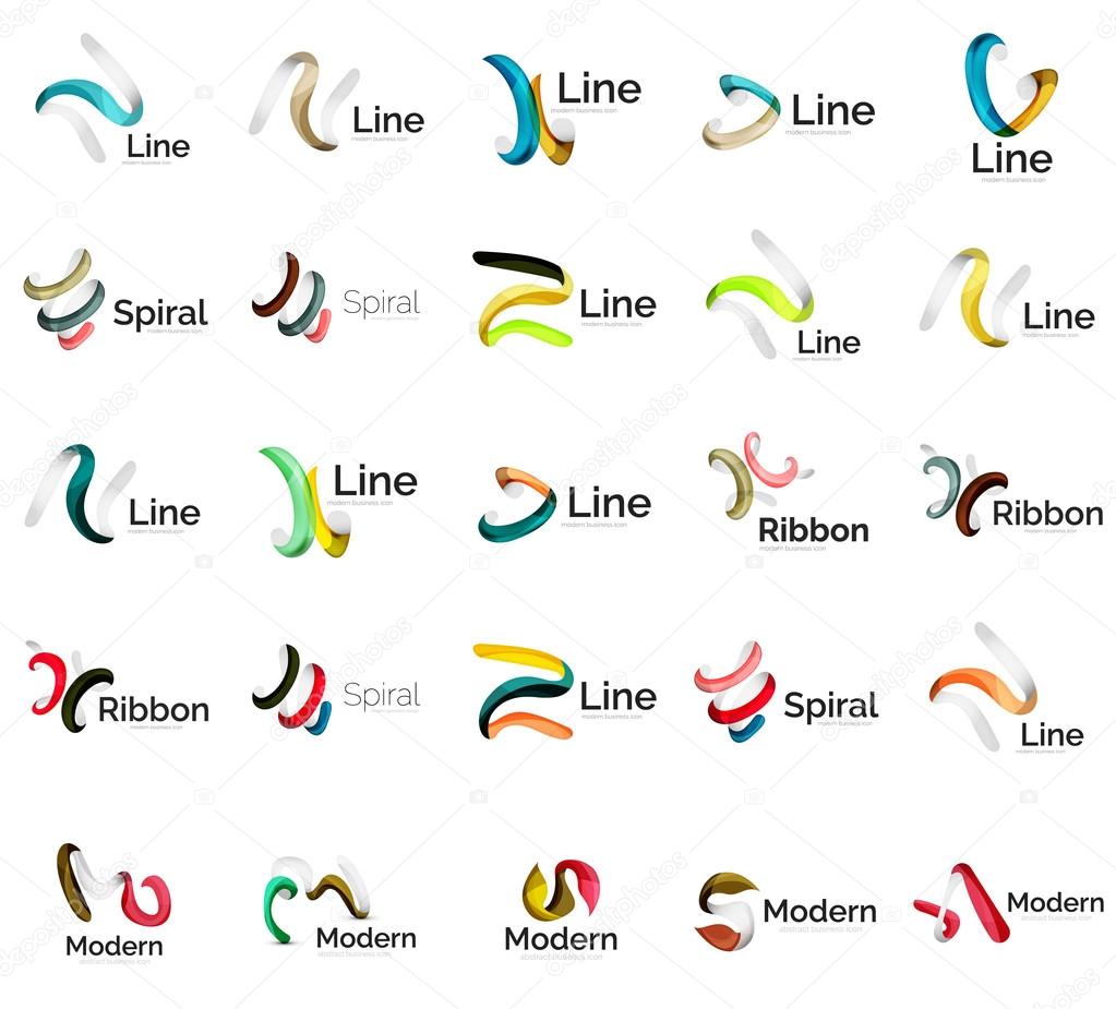 Set of abstract ribbon logo icons - multicolored shiny wave, swirl, spiral designs. Curve stripe shape. Universal various branding logotype company emblem ideas and branding business identity