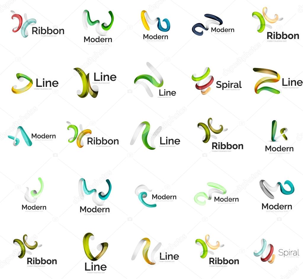 Set of abstract ribbon logo icons - multicolored shiny wave, swirl, spiral designs. Curve stripe shape. Universal various branding logotype company emblem ideas and branding business identity