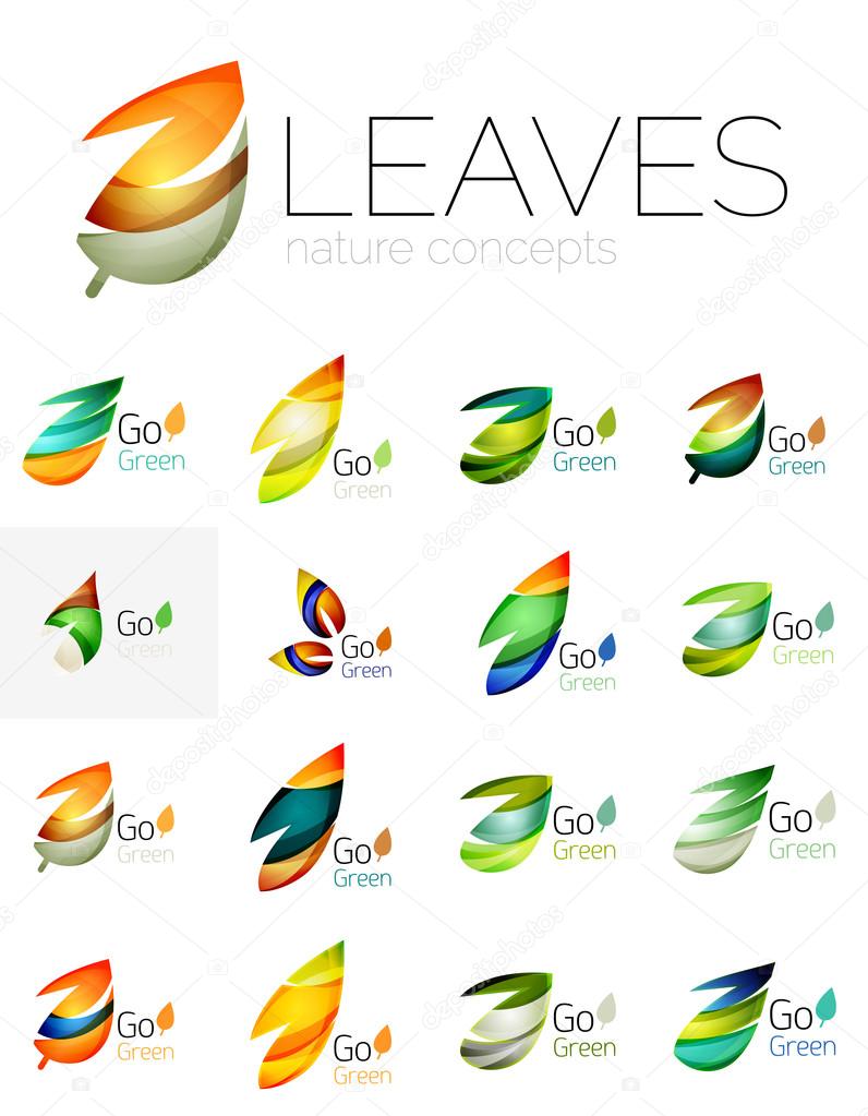 Futuristic design eco leaf logos set. Colorful abstract geometric leaves, green concepts