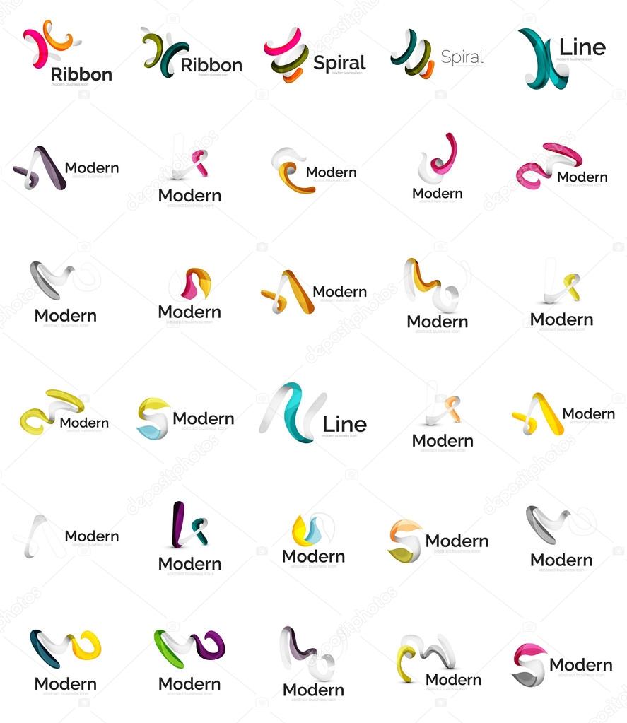 Set of abstract ribbon logo icons - multicolored shiny wave, swirl, spiral designs. Curve stripe shape. Universal various branding logotype company emblem ideas and branding business identity