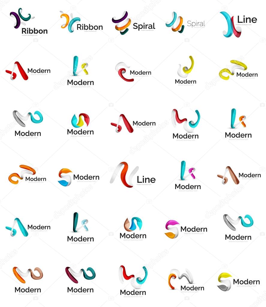 Set of abstract ribbon logo icons - multicolored shiny wave, swirl, spiral designs. Curve stripe shape. Universal various branding logotype company emblem ideas and branding business identity