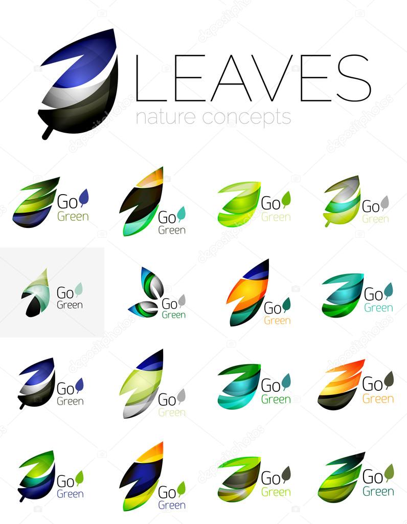 Futuristic design eco leaf logos set. Colorful abstract geometric leaves, green concepts