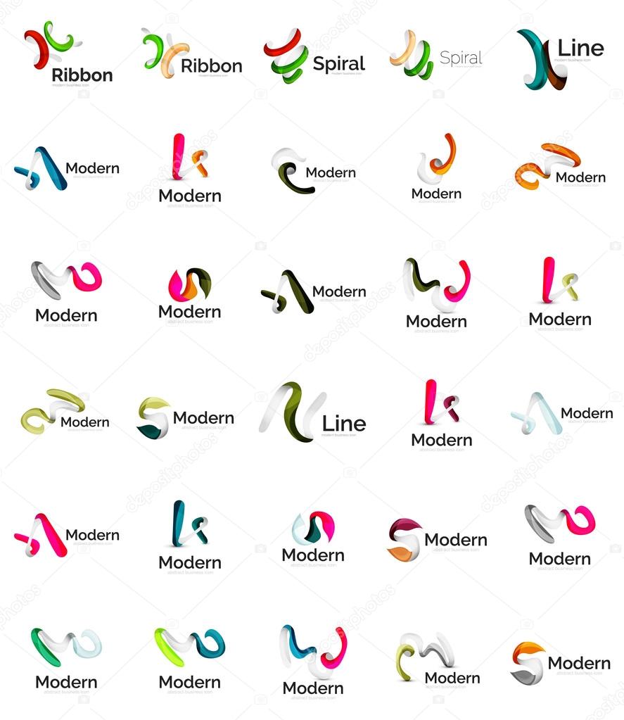 Set of abstract ribbon logo icons - multicolored shiny wave, swirl, spiral designs. Curve stripe shape. Universal various branding logotype company emblem ideas and branding business identity