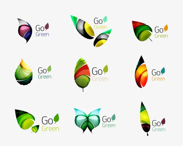 Färgglada geometriska natur koncept - abstrakt leaf logotyper, flerfärgade ikoner, symboluppsättning — Stock vektor