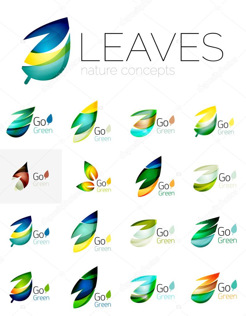 Futuristic design eco leaf logos set. Colorful abstract geometric leaves, green concepts