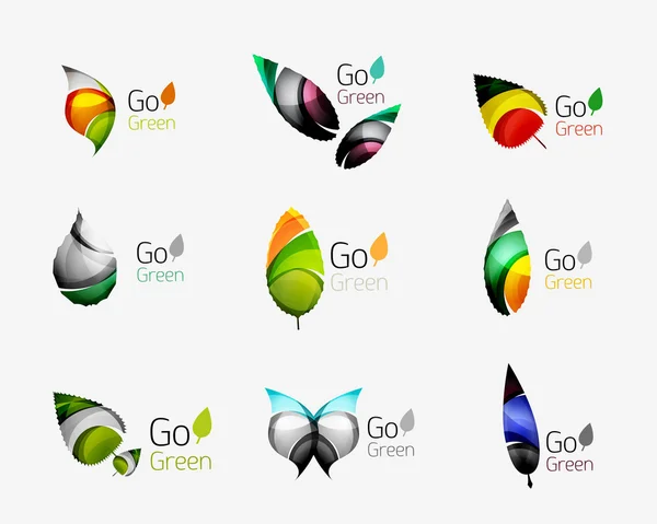 Conceptos de naturaleza geométrica coloridos - logotipos de hojas abstractas, iconos multicolores, conjunto de símbolos — Archivo Imágenes Vectoriales