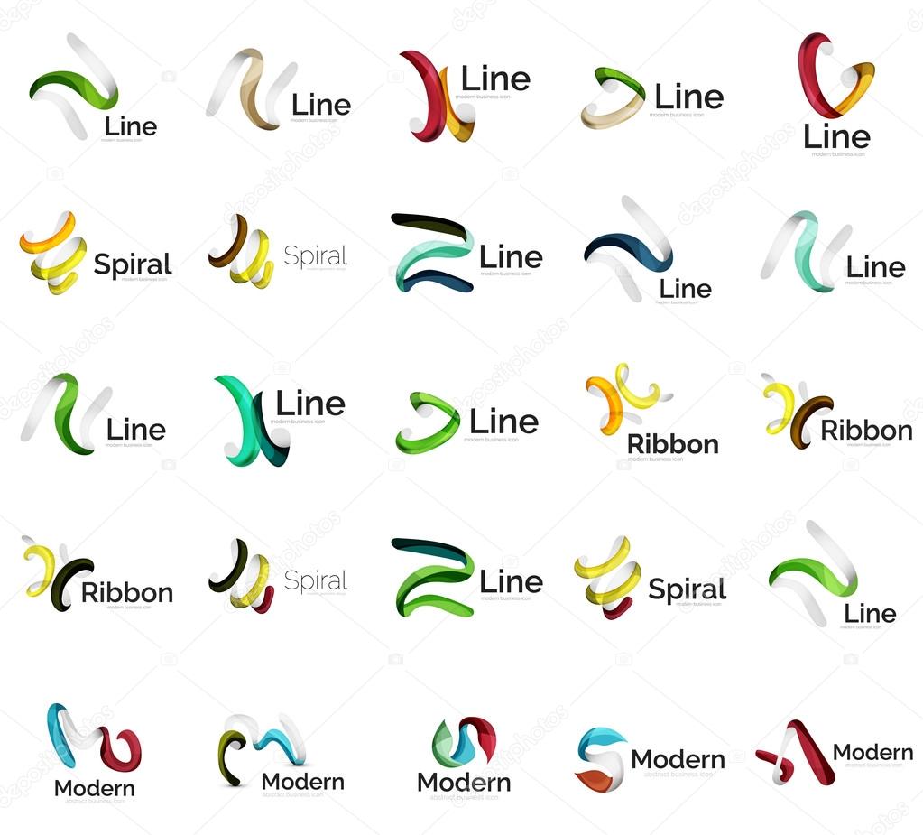 Set of abstract ribbon logo icons - multicolored shiny wave, swirl, spiral designs. Curve stripe shape. Universal various branding logotype company emblem ideas and branding business identity
