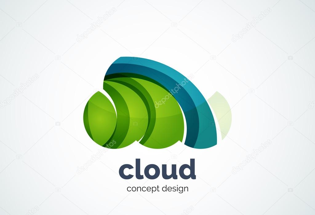 Cloud logo template, remote hard drive storage or weather concept - geometric minimal style, created with overlapping curve elements and waves. Corporate identity emblem, abstract business company