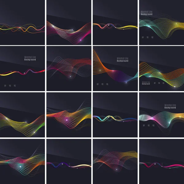 Conjunto de olas y líneas futuristas de colores sobre fondo oscuro — Archivo Imágenes Vectoriales