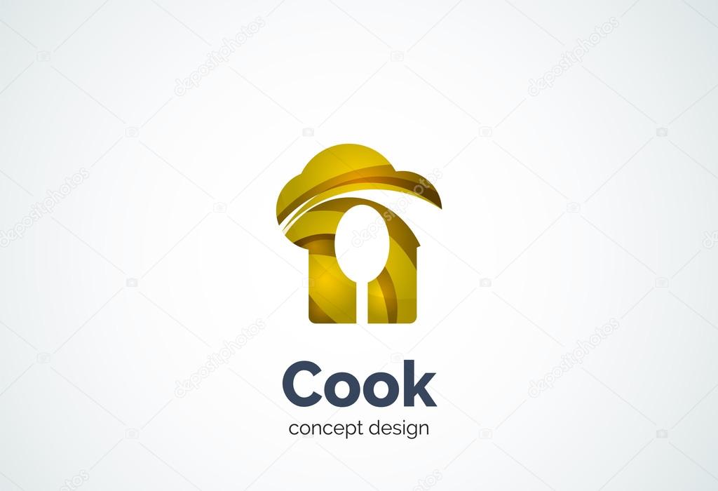 Cook hat with spoon logo template, cooking kitchen concept - geometric minimal style, created with overlapping curve elements and waves. Corporate identity emblem, abstract business company branding
