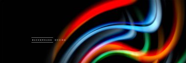 Dinamik hareket soyut arkaplan. Siyah üzerine bulanık renkli çizgiler. Sıvı çizgiler posteri. Vektör illüstrasyonu