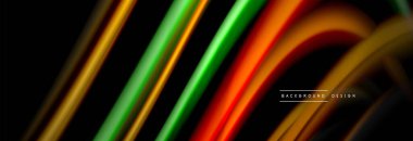 Dinamik hareket soyut arkaplan. Siyah üzerine bulanık renkli çizgiler. Sıvı çizgiler posteri. Vektör illüstrasyonu