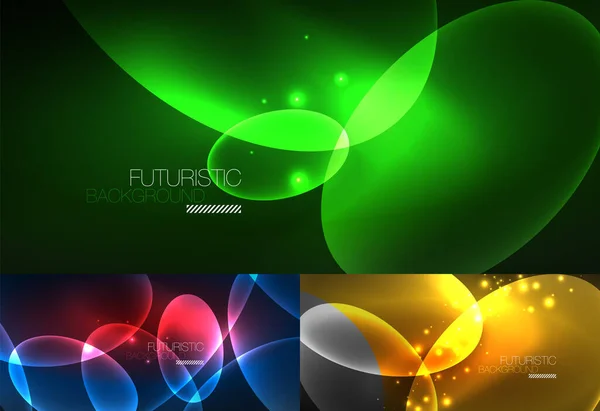 Een set van neon abstracte achtergronden. Glanzend helder gloeiende ellipsen in het donker. Vector futuristische illustraties voor covers, banners, flyers en posters en andere — Stockvector