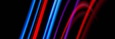 Dinamik hareket soyut arkaplan. Siyah üzerine bulanık renkli çizgiler. Sıvı çizgiler posteri. Vektör illüstrasyonu