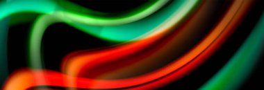 Dinamik hareket soyut arkaplan. Siyah üzerine bulanık renkli çizgiler. Sıvı çizgiler posteri. Vektör illüstrasyonu