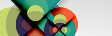 Parlak renkli daireler, soyut yuvarlak şekiller ve gölge efektli üçgenler. Vektör modern geometrik tasarım şablonu