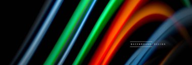 Dinamik hareket soyut arkaplan. Siyah üzerine bulanık renkli çizgiler. Sıvı çizgiler posteri. Vektör illüstrasyonu