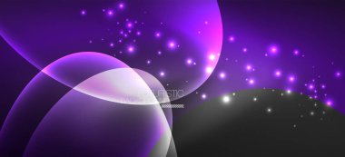 Neon elipsler soyut arkaplanlardır. Karanlıkta parlayan parlak yuvarlak şekiller. Kapaklar, afişler, el ilanları ve posterler ve diğer şeyler için vektör fütüristik çizimler