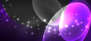 Neon elipsler soyut arkaplanlardır. Karanlıkta parlayan parlak yuvarlak şekiller. Kapaklar, afişler, el ilanları ve posterler ve diğer şeyler için vektör fütüristik çizimler