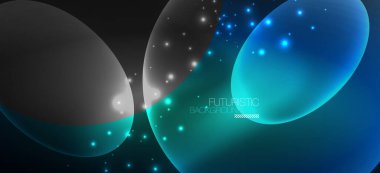 Neon elipsler soyut arkaplanlardır. Karanlıkta parlayan parlak yuvarlak şekiller. Kapaklar, afişler, el ilanları ve posterler ve diğer şeyler için vektör fütüristik çizimler
