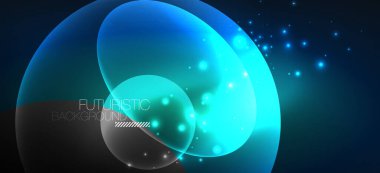 Neon elipsler soyut arkaplanlardır. Karanlıkta parlayan parlak yuvarlak şekiller. Kapaklar, afişler, el ilanları ve posterler ve diğer şeyler için vektör fütüristik çizimler