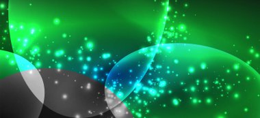 Neon elipsler soyut arkaplanlardır. Karanlıkta parlayan parlak yuvarlak şekiller. Kapaklar, afişler, el ilanları ve posterler ve diğer şeyler için vektör fütüristik çizimler