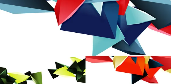 Uppsättning av triangulära mosaik abstrakta bakgrunder, 3D triangulära låg poly former. Geometriska vektorillustrationer för omslag, banderoller, flygblad och affischer och andra — Stock vektor