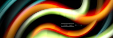 Dinamik hareket soyut arkaplan. Siyah üzerine bulanık renkli çizgiler. Sıvı çizgiler posteri. Vektör illüstrasyonu