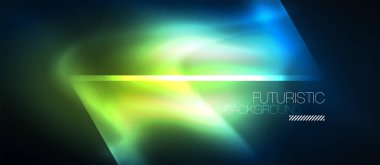Neon geometrik soyut arkaplan. Karanlıkta parlayan ışık efektli üçgenler. Kapaklar, afişler, el ilanları ve posterler için vektör illüstrasyonuName