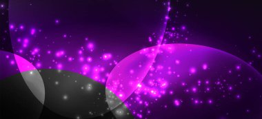 Neon elipsler soyut arkaplanlardır. Karanlıkta parlayan parlak yuvarlak şekiller. Kapaklar, afişler, el ilanları ve posterler ve diğer şeyler için vektör fütüristik çizimler