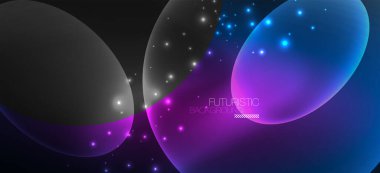 Neon elipsler soyut arkaplanlardır. Karanlıkta parlayan parlak yuvarlak şekiller. Kapaklar, afişler, el ilanları ve posterler ve diğer şeyler için vektör fütüristik çizimler