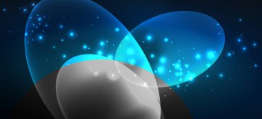 Neon elipsler soyut arkaplanlardır. Karanlıkta parlayan parlak yuvarlak şekiller. Kapaklar, afişler, el ilanları ve posterler ve diğer şeyler için vektör fütüristik çizimler