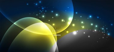 Neon elipsler soyut arkaplanlardır. Karanlıkta parlayan parlak yuvarlak şekiller. Kapaklar, afişler, el ilanları ve posterler ve diğer şeyler için vektör fütüristik çizimler