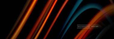 Dinamik hareket soyut arkaplan. Siyah üzerine bulanık renkli çizgiler. Sıvı çizgiler posteri. Vektör illüstrasyonu