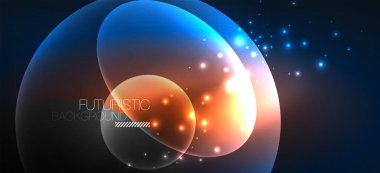 Neon elipsler soyut arkaplanlardır. Karanlıkta parlayan parlak yuvarlak şekiller. Kapaklar, afişler, el ilanları ve posterler ve diğer şeyler için vektör fütüristik çizimler