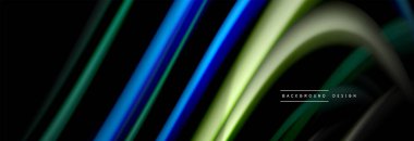 Dinamik hareket soyut arkaplan. Siyah üzerine bulanık renkli çizgiler. Sıvı çizgiler posteri. Vektör illüstrasyonu