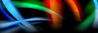 Dinamik hareket soyut arkaplan. Siyah üzerine bulanık renkli çizgiler. Sıvı çizgiler posteri. Vektör illüstrasyonu